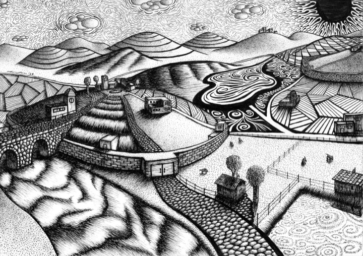 Ink drawing: Sunset Valley (2020)