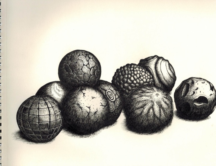 Ink drawing: spheres, second study