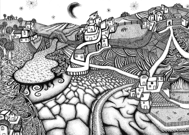 Ink drawing: townscape (2018)
