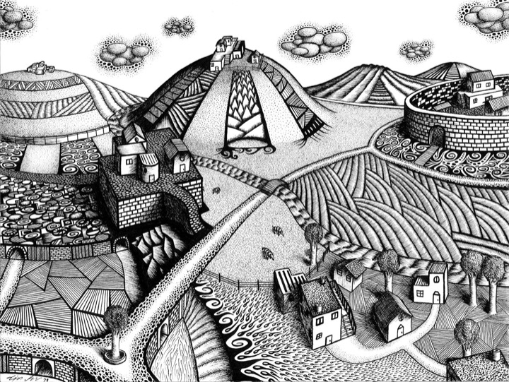 Ink drawing: townscape with hills (2019)